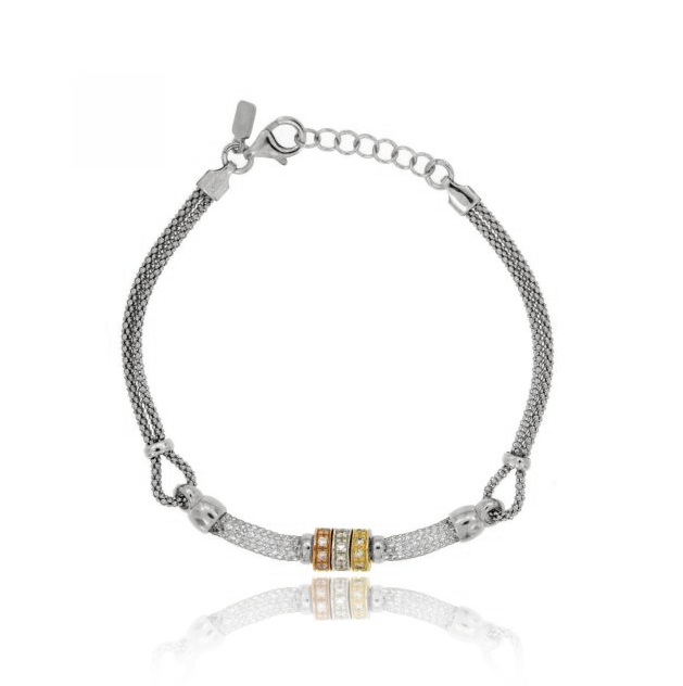 BRACCIALE POP CORN CON ZIRCONI IN ARGENTO TRICOLORE TIT 925‰ CM 18