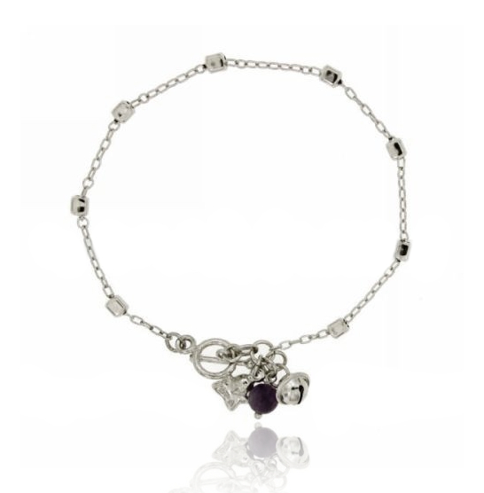 BRACCIALE FORZATINA CON BARILOTTI , ANGIOLETTO, CAMPANELLINO E SFERA AMETISTA IN ARGENTO PLACCATO RODIO TIT 925 CM 18 CHIUSURA T-BARR