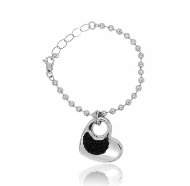 BRACCIALE SFERE CON CUORE ELETRTROFORMATO E ZIRCONI NERI IN ARGENTO RODIATO TIT 925‰ CM 18