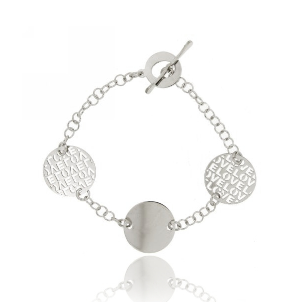 BRACCIALE ROLO' A FILO CON TONDI TRAFORATI LOVE IN ARGENTO PLACCATO RODIO TIT 925‰ CM 18 CHIUSURA T-BARR