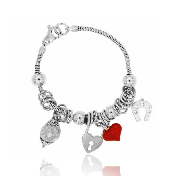 BRACCIALE CODA DI TOPO CON CUORE SMALTATO, FERRO DI CAVALLO, LUCCHETTO E SFERA IN ARGENTO PLACCATO RODIO TIT 925‰ CM 18