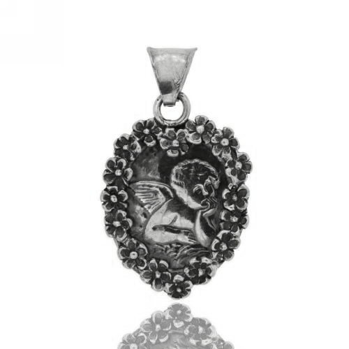 CIONDOLO CUORE MM 26X22 PUTTINO IN ARGENTO BRUNITO TIT 800‰