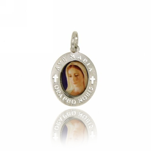 CIONDOLO OVALE MM 18X15 CON VOLTO MADONNA DI MEDJUGORJE IN ARGENTO RODIATO TIT 925‰ E RESINA