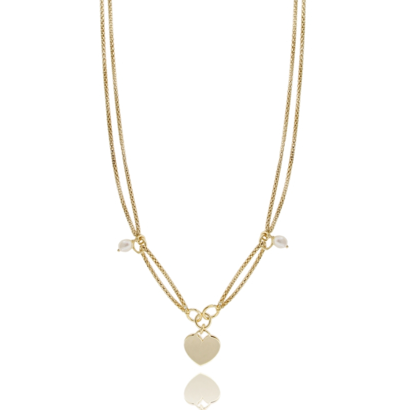 COLLANA POP CORN CON CUORE E PERLE IN ARGENTO DORATO TIT 925‰ CM 40