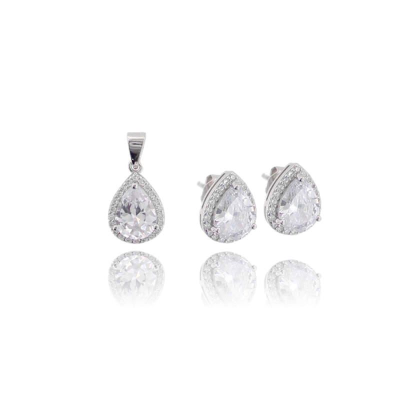 CIONDOLO E ORECCHINI GOCCIA IN ARGENTO RODIATO TIT 925 E ZIRCONI