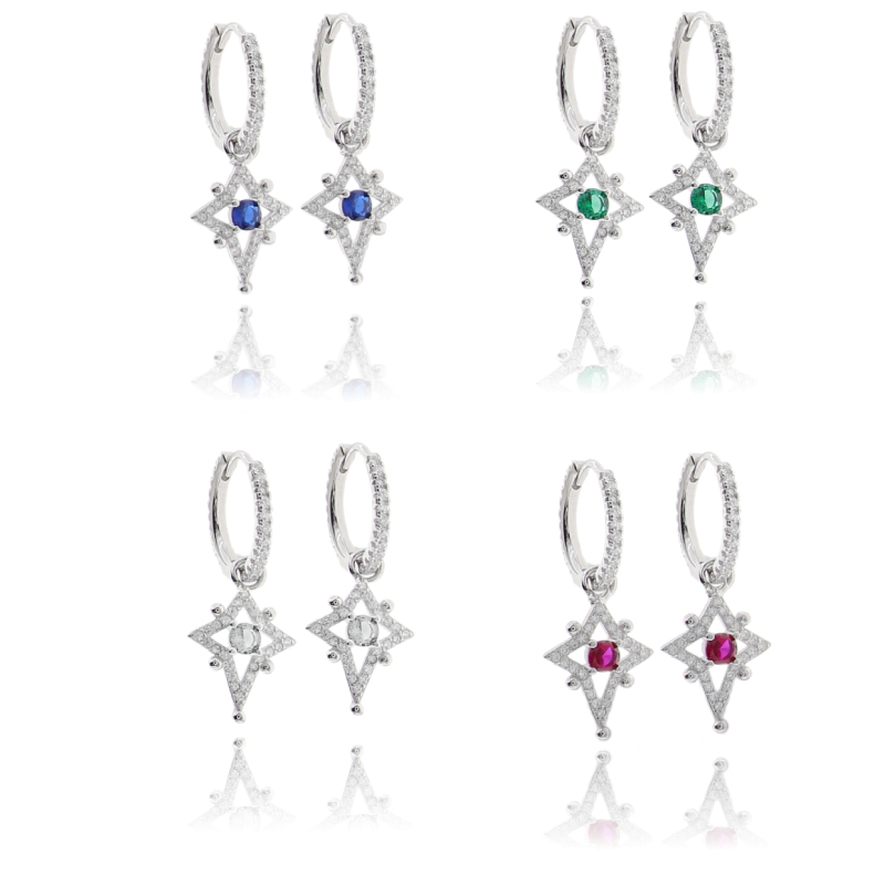 ORECCHINI A CERCHIO DIAMETRO MM 10 CON ROSA DEI VENTI PENDENTE IN ARGENTO RODIATO TIT 925 E ZIRCONI