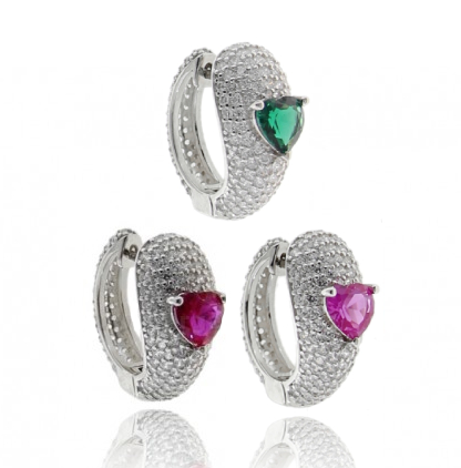 ORECCHINI A CERCHIO DIAMETRO 13 MM CON CUORE IN ARGENTO RODIATO TIT 925 E ZIRCONI