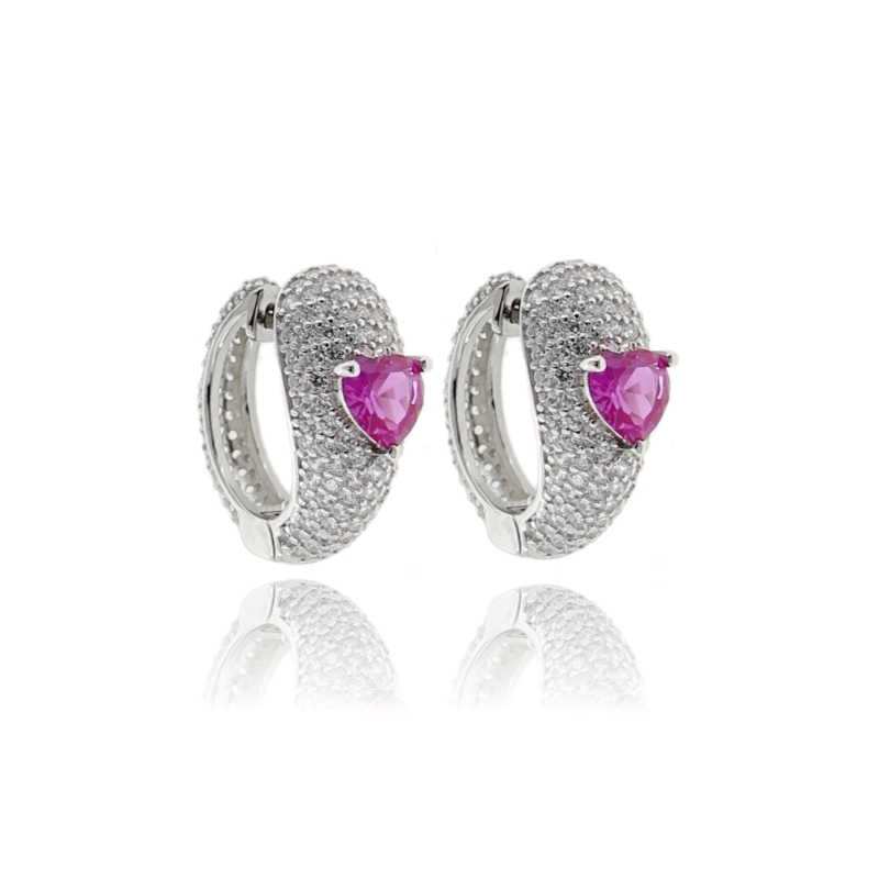 ORECCHINI A CERCHIO DIAMETRO 13 MM CON CUORE IN ARGENTO RODIATO TIT 925 E ZIRCONI