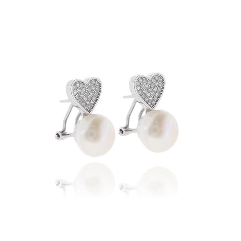 ORECCHINI PERLA E CUORE IN ARGENTO RODIATO TIT 925 E ZIRCONI BIANCHI