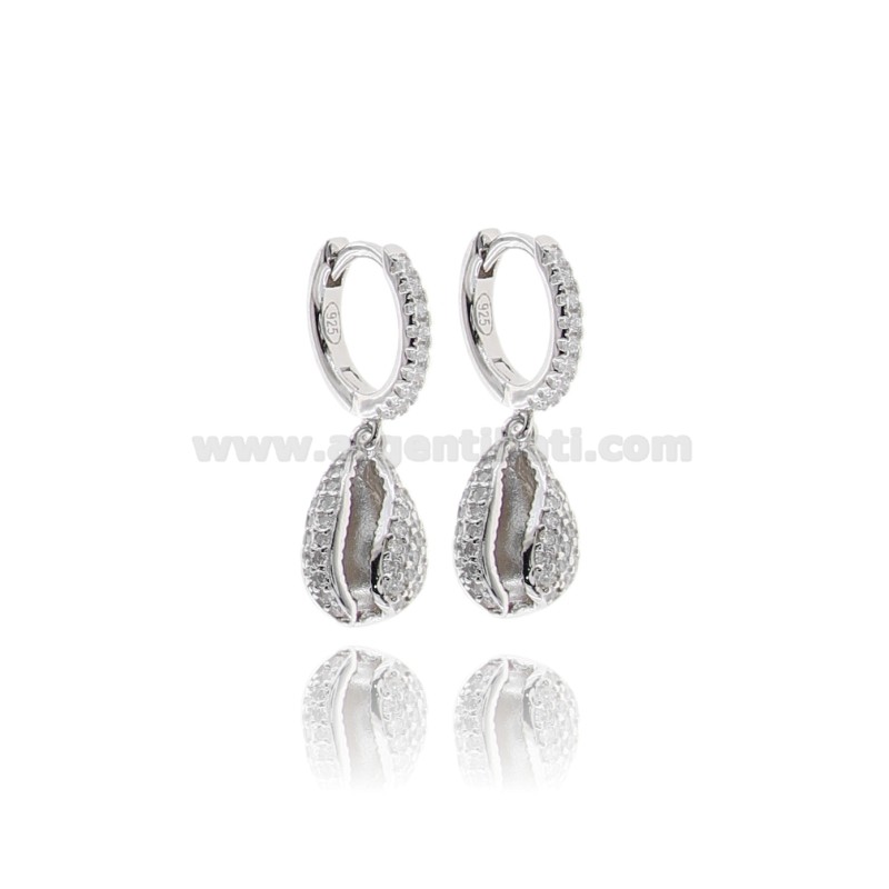 ORECCHINI A CERCHIO CON CONCHIGLIA PENDENTE IN ARGENTO RODIATO TIT 925 E ZIRCONI BIANCHI