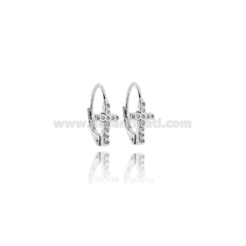 ORECCHINI MONACHELLA CON CROCE IN ARGENTO RODIATO TIT 925 E ZIRCONI BIANCHI