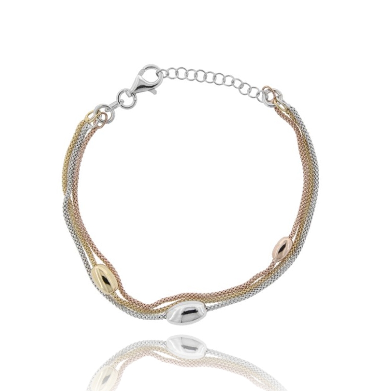 BRACCIALE A 3 FILI POP CORN CON 3 OLIVETTE IN ARGENTO TIT 925 CM 17-19