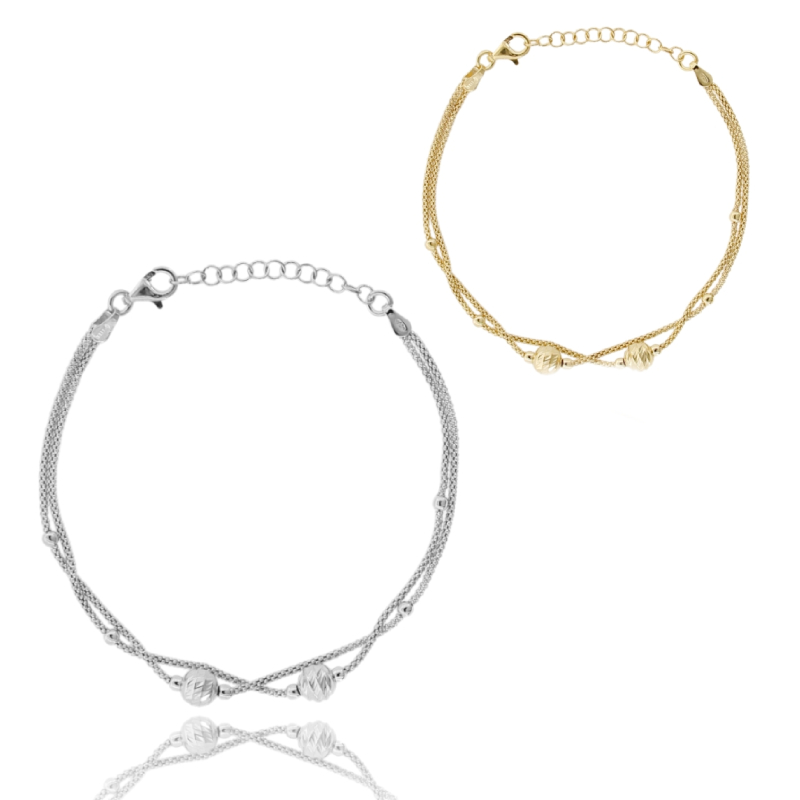 BRACCIALE A 2 FILI POP CORN CON SFERE DIAMANTATE E LUCIDE IN ARGENTO TIT 925 CM 17-19