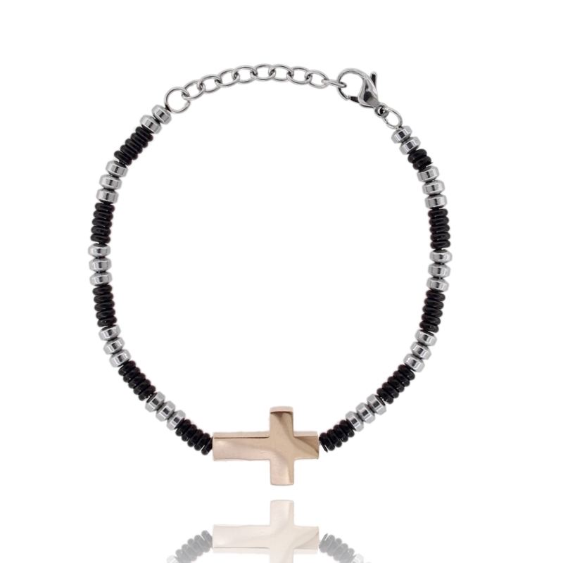 BRACCIALE CON RONDELLE E CROCE IN ACCIAIO TRICOLORE CM 21