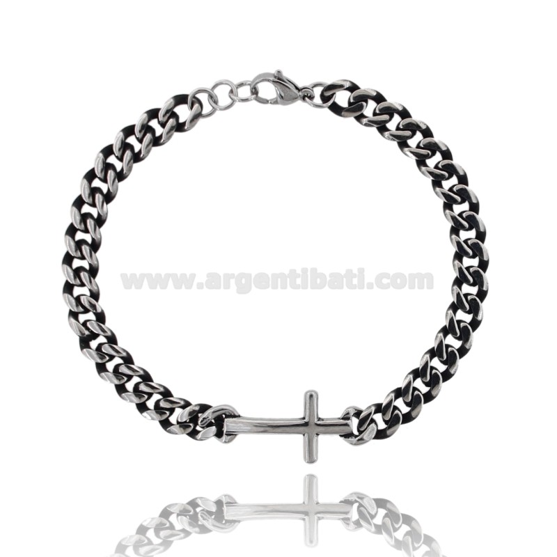 BRACCIALE GRUMETTA IN ACCIAIO BRUNITO CON CROCE CM 21