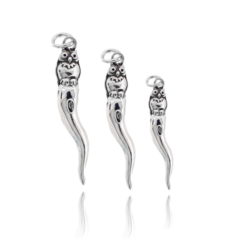 CIONDOLO CORNO CON CIVETTA IN ARGENTO MICROFUSO BRUNITO TIT 800