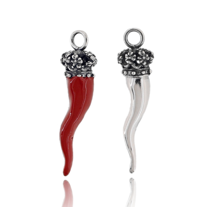 CIONDOLO CORNO CORONA TRAFORATA CON FIORI MM 40X11 IN ARGENTO MICROFUSO BRUNITO TIT 800