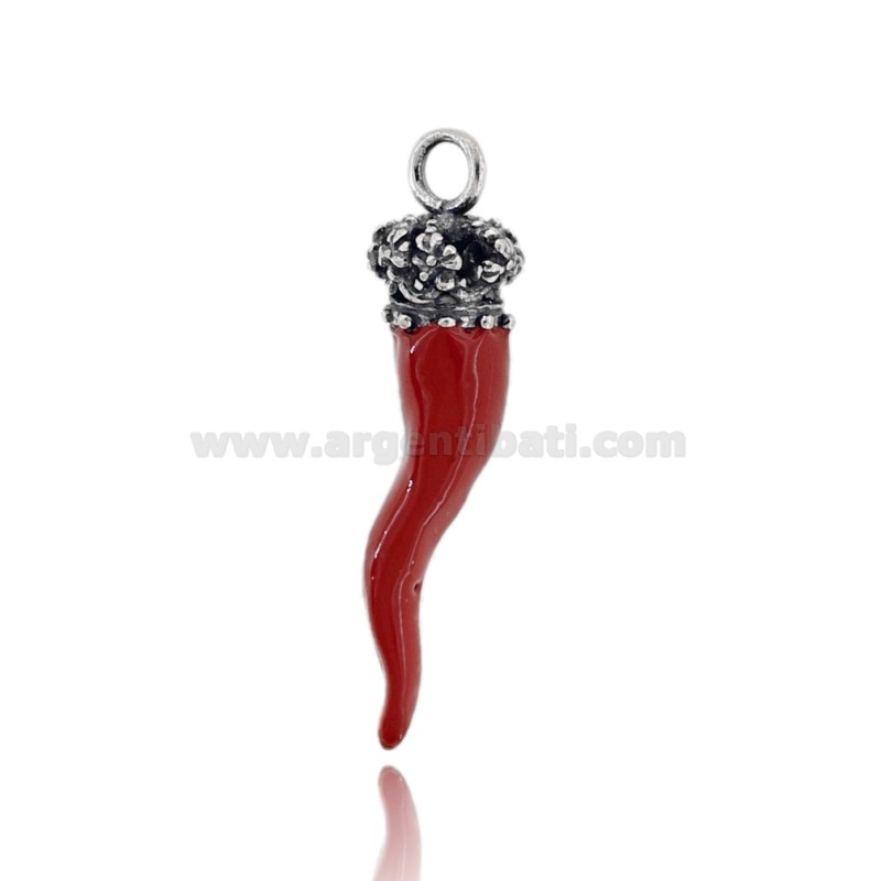 CIONDOLO CORNO CORONA TRAFORATA CON FIORI MM 40X11 IN ARGENTO MICROFUSO BRUNITO TIT 800