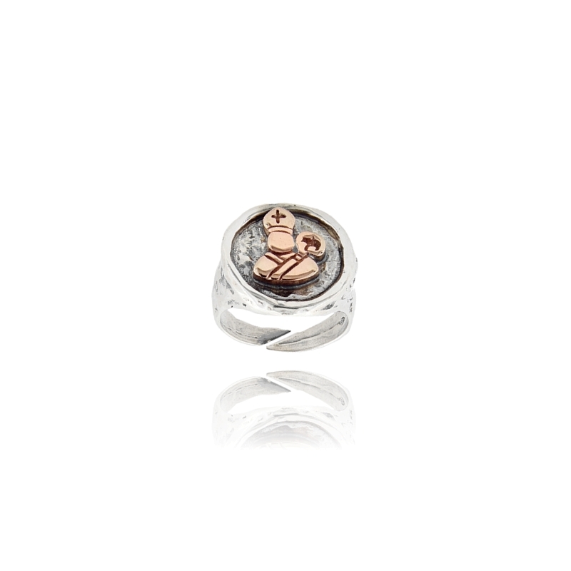 ANELLO TONDO IN ARGENTO BRUNIITO MARTELLATO TIT 925 CON SAN GENNARO MISURA REGOLABILE DA 12