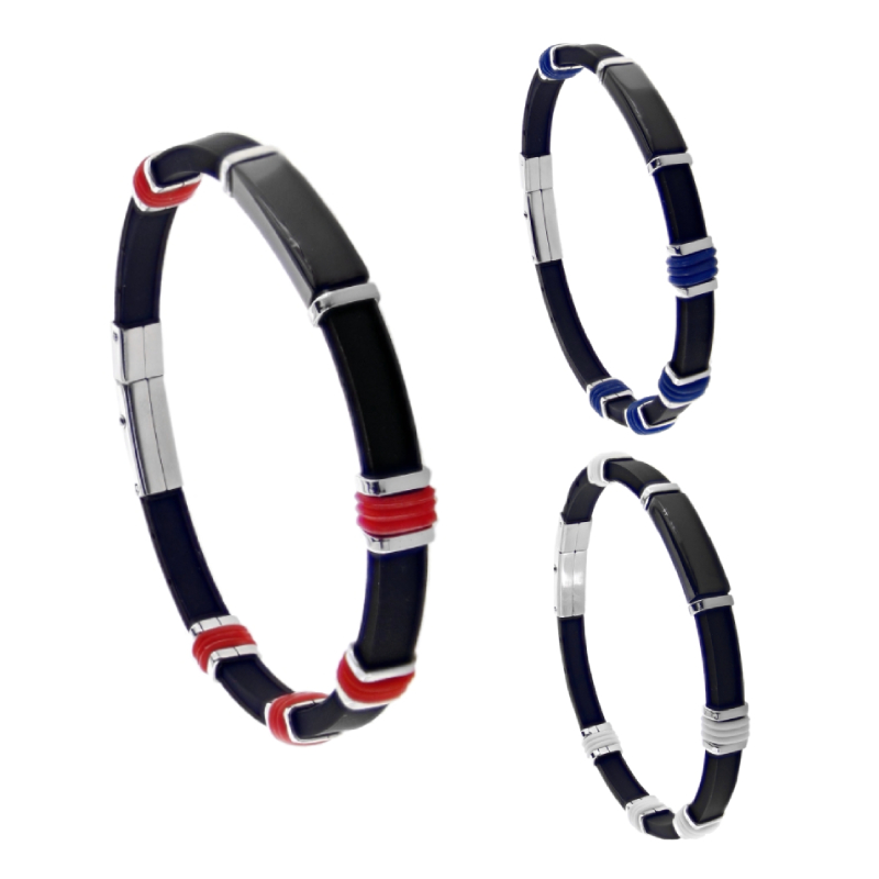 BRACCIALE IN ACCIAIO E CAUCCIU NERO MM 6 CON INSERTI CM 21
