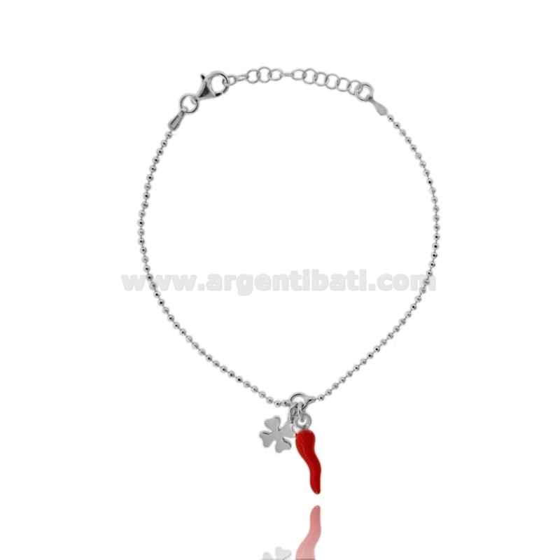 BRACCIALE PALLINE CON QUADRIFOGLIO E CORNO SMALTATO ROSSO IN ARGENTO TIT 925 CM 17-20