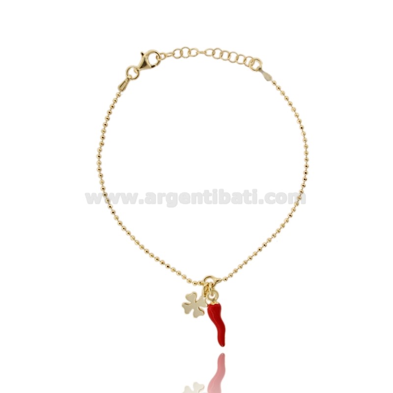 BRACCIALE PALLINE CON QUADRIFOGLIO E CORNO SMALTATO ROSSO IN ARGENTO TIT 925 CM 17-20