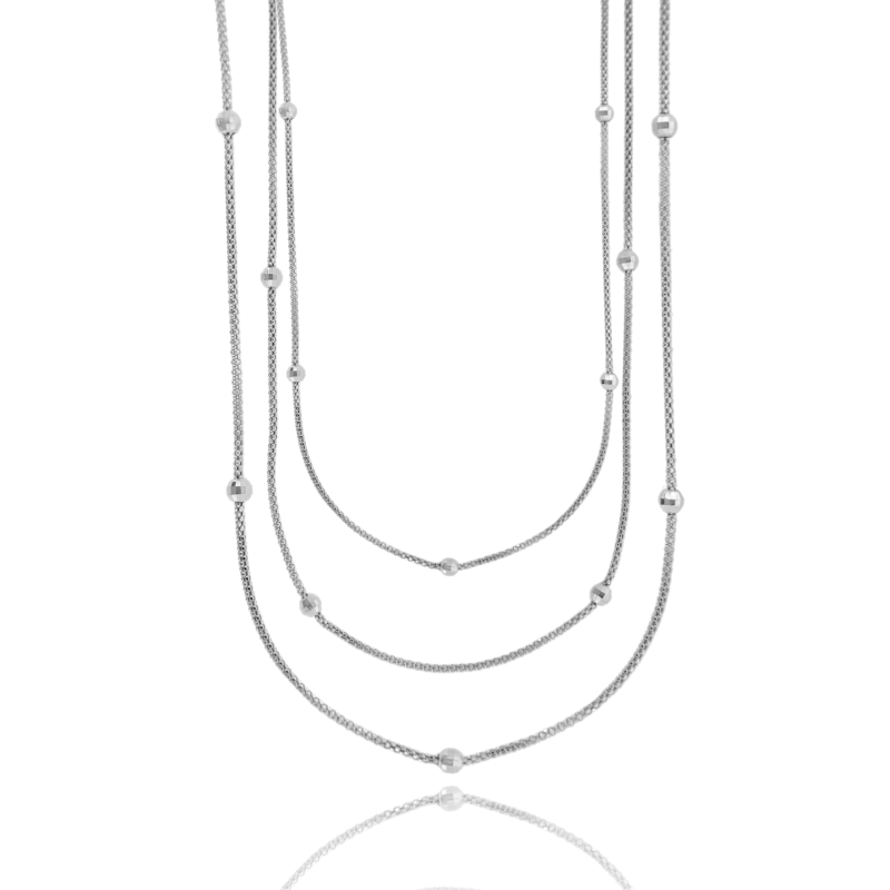 COLLANA A 3 FILI POP CORN CON SFERE DIAMANTATE IN ARGENTO TIT 925 CM 42-47
