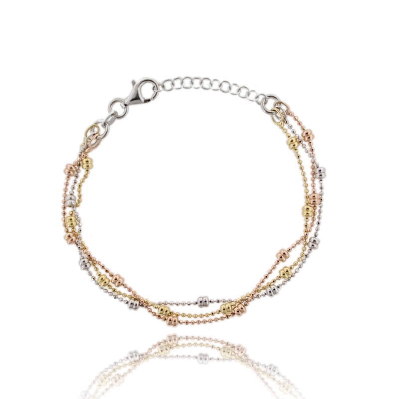 BRACCIALE PALLINE FACCETTATE A 3 FILI CON BARILOTTI ALTERNATI IN ARGENTO TIT 925 CM 17-20