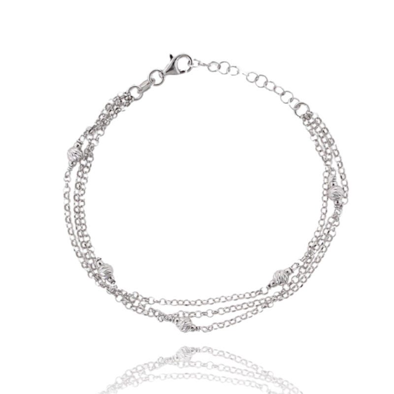 BRACCIALE A 3 FILI ROLO' CON SFERE DIAMANTATE IN ARGENTO TIT 925 CM 17-20