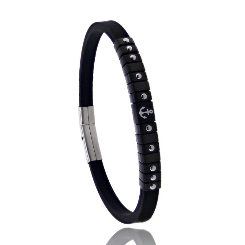 BRACCIALE IN ACCIAIO BICOLORE E CAUCCIU' CON SIMBOLO SMALTATO BIANCO CM 21