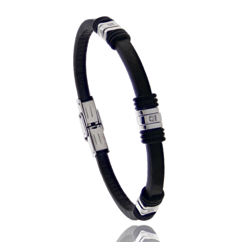 BRACCIALE IN CUOIO, STRASS E ACCIAIO CM 21