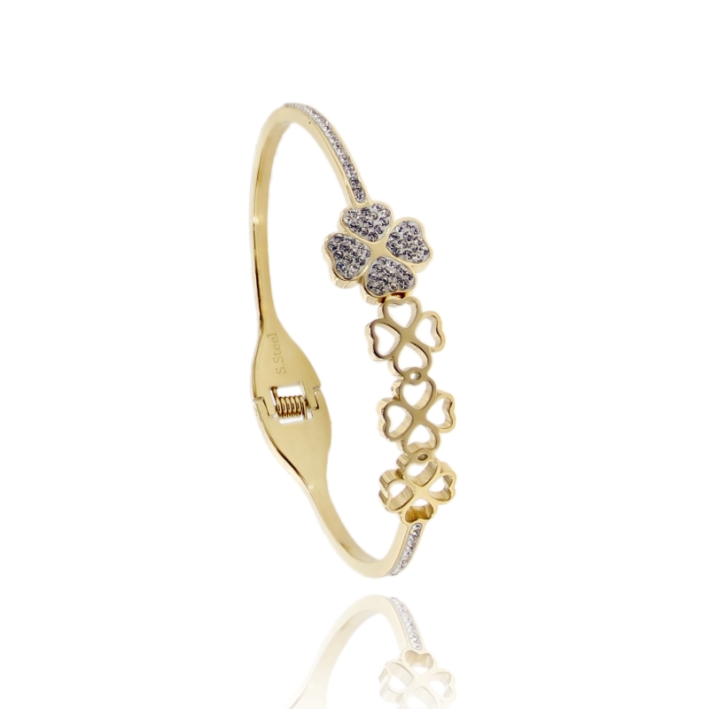 BRACCIALE RIGIDO CON QUADRIFOGLI E STRASS IN ACCIAIO