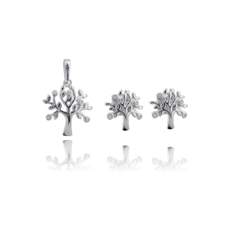 CIONDOLO E ORECCHINI ALBERO DELLA VITA IN ARGENTO RODIATO TIT 925 E ZIRCONI BIANCHI