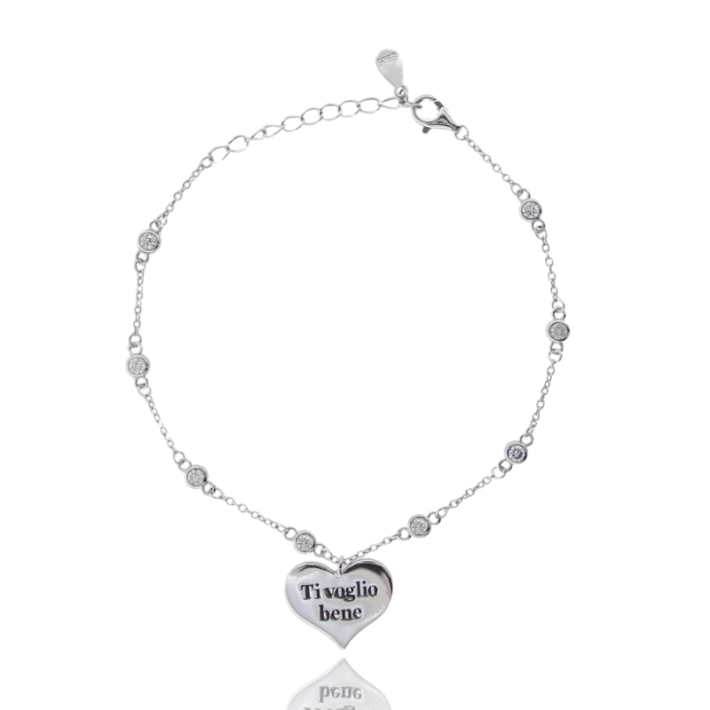 BRACCIALE FORZATINA CON SOLITARI E CUORE MAMMA IN ARGENTO RODIATO TIT 925 E ZIRCONI CM 18