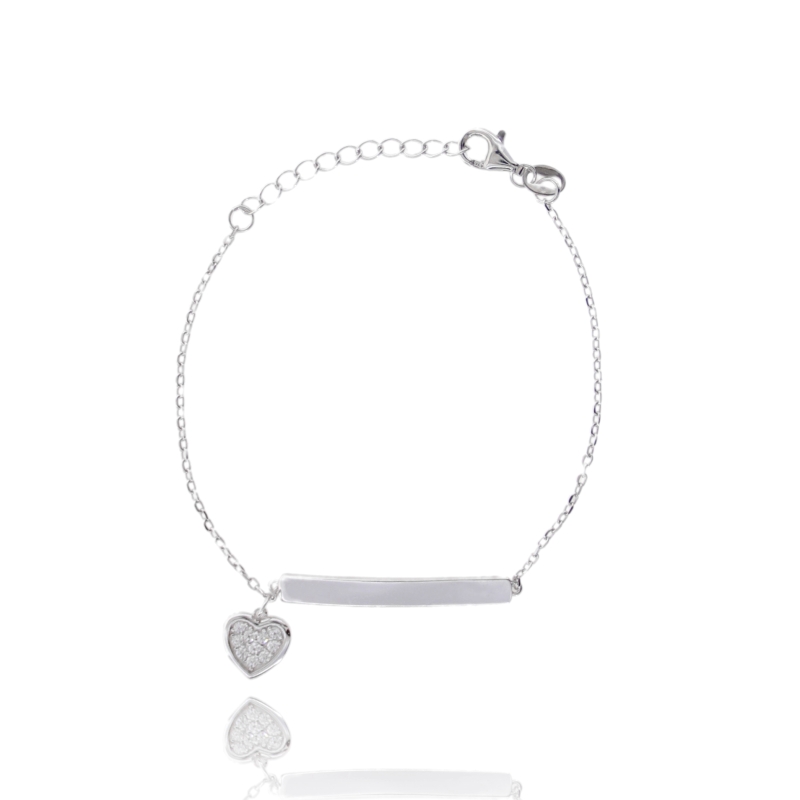 BRACCIALE FORZATINA CON TARGA E CUORE IN ARGENTO RODIATO TIT 925 E ZIRCONI CM 15-18