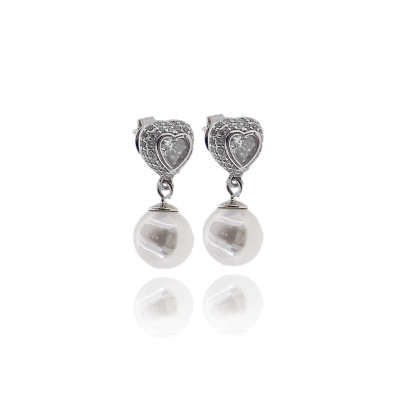 ORECCHINI PENDENTI CUORE E PERLA IN ARGENTO RODIATO TIT 925 E ZIRCONI COLORATI
