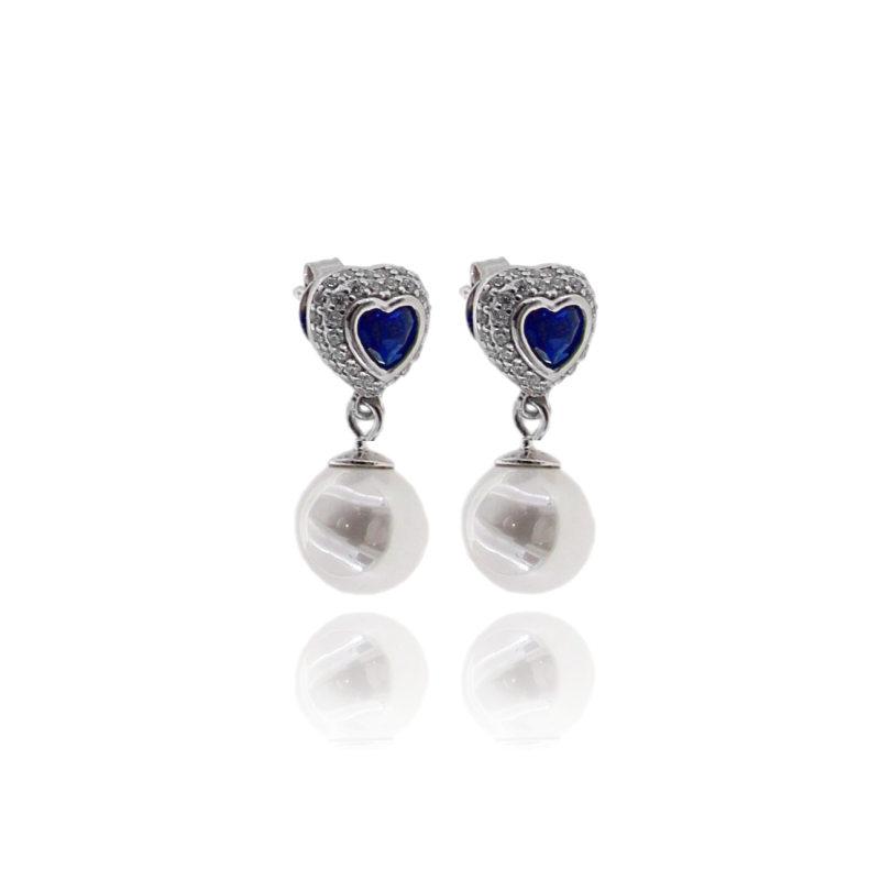 ORECCHINI PENDENTI CUORE E PERLA IN ARGENTO RODIATO TIT 925 E ZIRCONI COLORATI
