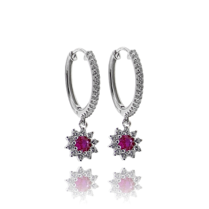 ORECCHINI A CERCHIO CON FIORE PENDENTE IN ARGENTO RODIATO TIT 925 E ZIRCONI COLORATI