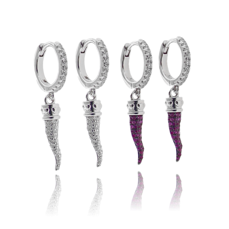 ORECCHINI A CERCHIO CON CORNO PENDENTE IN ARGENTO RODIATO TIT 925 E ZIRCONI COLORATI