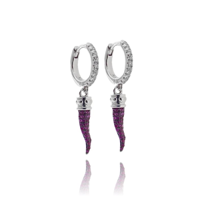 ORECCHINI A CERCHIO CON CORNO PENDENTE IN ARGENTO RODIATO TIT 925 E ZIRCONI COLORATI