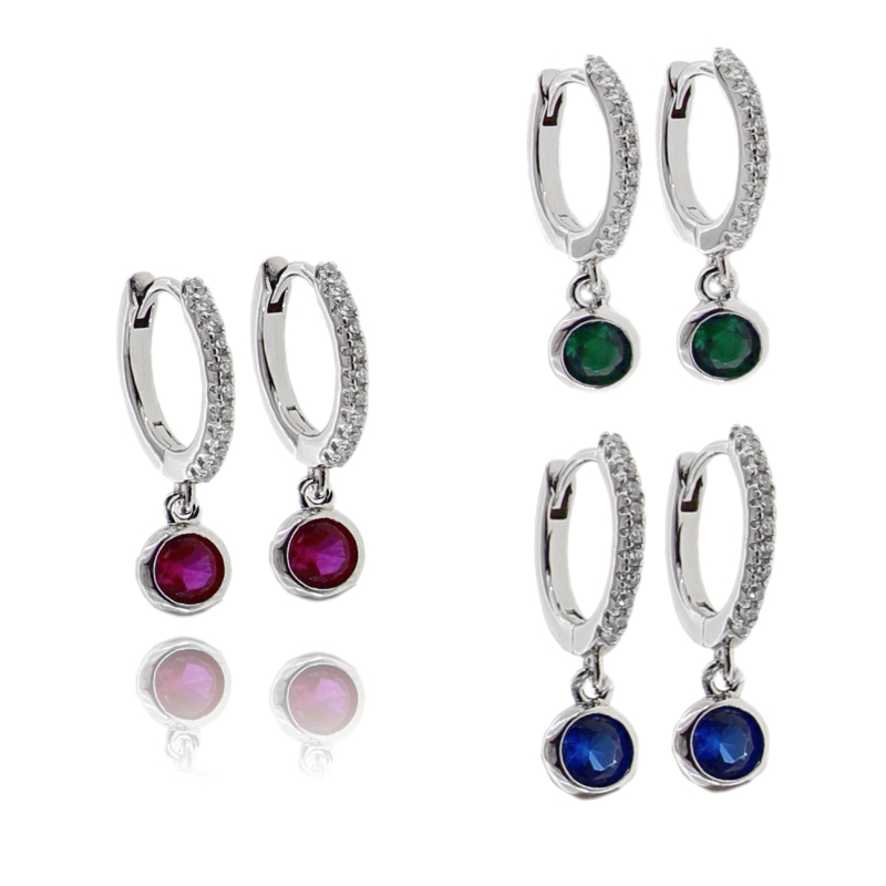 ORECCHINI A CERCHIO CON SOLITARIO PENDENTE IN ARGENTO RODIATO TIT 925 E ZIRCONI COLORATI