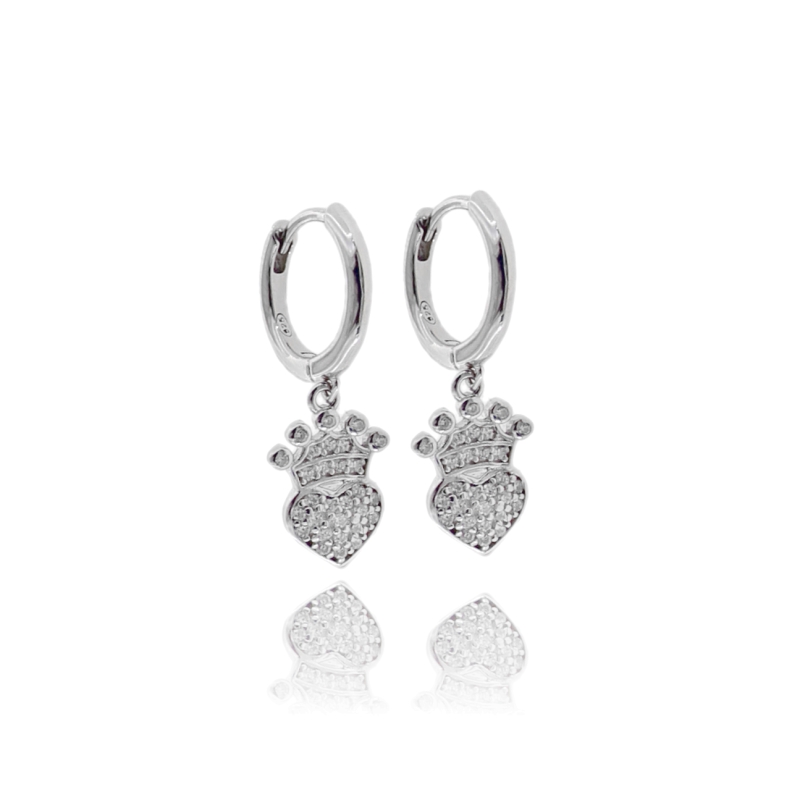 ORECCHINI A CERCHIO CON CUORE SACRO PENDENTE IN ARGENTO RODIATO TIT 925 E ZIRCONI BIANCHI