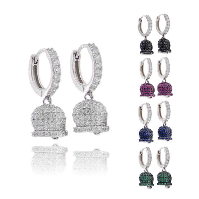 ORECCHINI A CERCHIO CON CAMPANELLA PENDENTE IN ARGENTO RODIATO TIT 925 E ZIRCONI COLORATI