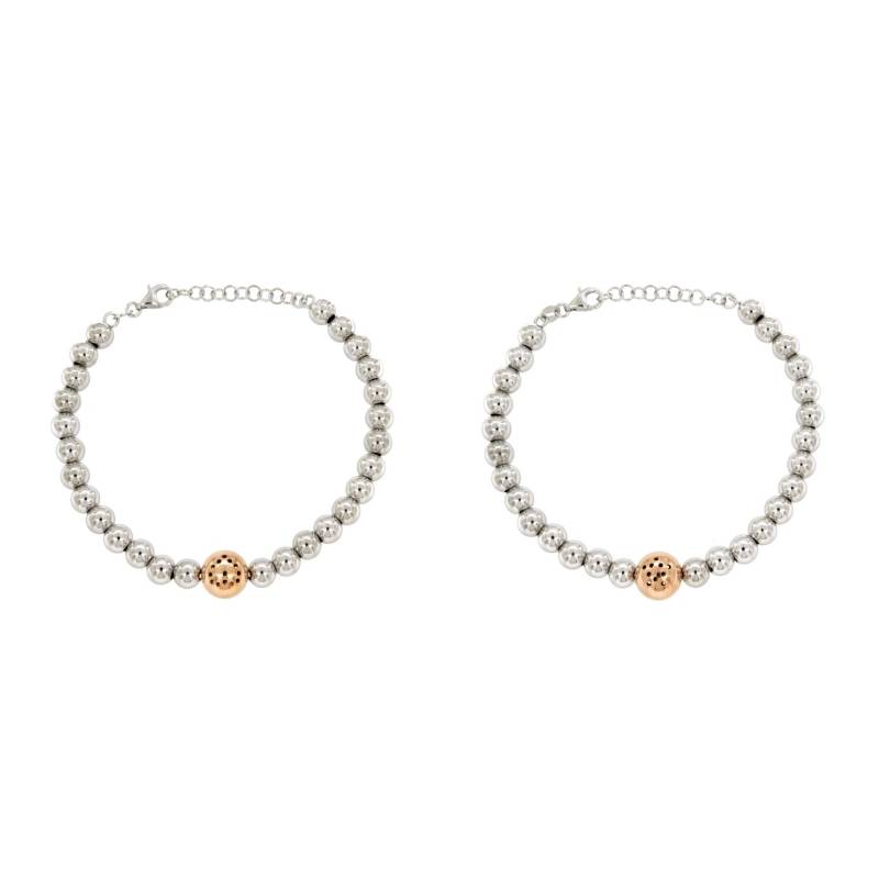 BRACCIALE CON SFERE MM 6-10 CON CUORE TRAFORATO IN ARGENTO RODIATO E ROSATO TIT 925‰ CM 18-20