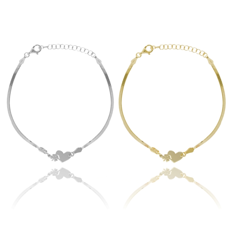 BRACCIALE SCHIENA D'ASINO CON CUORE E QUADRIFOGLIO IN ARGENTO TIT 925 CM 17-19