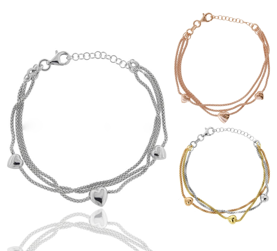 BRACCIALE A 3 FILI POP CORN CON 3 CUORI IN ARGENTO TIT 925 CM 17-19