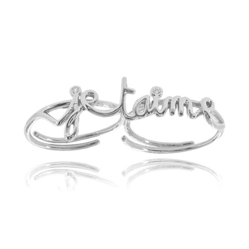 ANELLO A DUE DITA JE TAIME IN ARGENTO TIT 925 E STRASS MISURA REGOLABILE