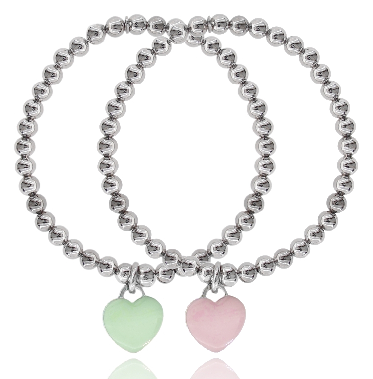 BRACCIALE ELASTICO CON SFERE MM 5 E CUORE PENDENTE IN ARGENTO RODIATO TIT 925 E SMALTO