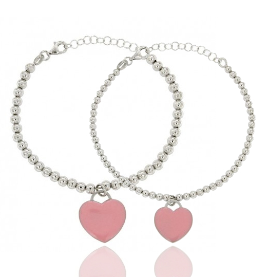 BRACCIALE CON SFERE E CUORE PENDENTE IN ARGENTO RODIATO TIT 925 E SMALTO ROSA CM 17-19