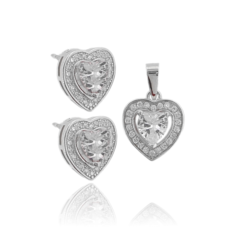 CIONDOLO E ORECCHINI CUORE IN ARGENTO RODIATO TIT 925